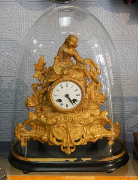 French Gilt Spelter Mantel Clock Under Glass